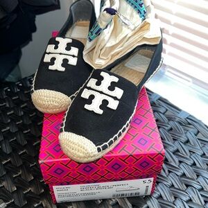 Tory Burch Black Espadrille Flats with White Logo